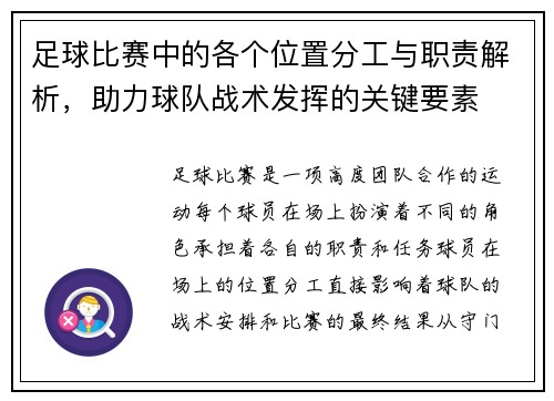 足球比赛中的各个位置分工与职责解析，助力球队战术发挥的关键要素