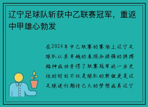 辽宁足球队斩获中乙联赛冠军，重返中甲雄心勃发