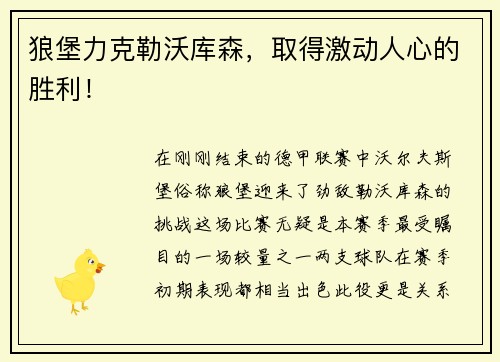 狼堡力克勒沃库森，取得激动人心的胜利！